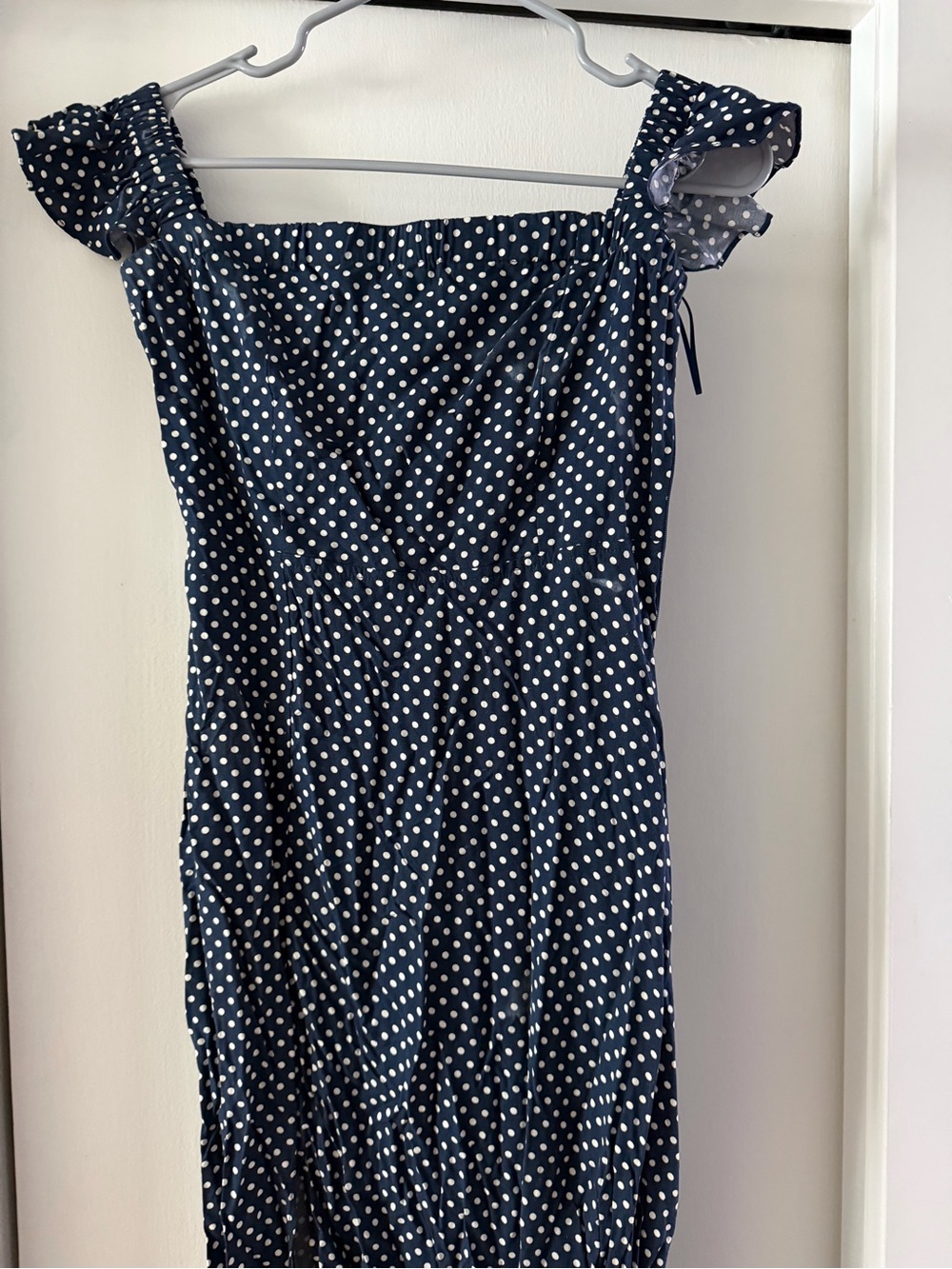 Lulu's Navy Blue and White Polka Dot Off-Shoulder Maxi Dress